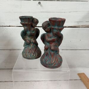 Set of 2 Angels Cherubs Candlestick Holders Vintage Shabby Chic Green Patina